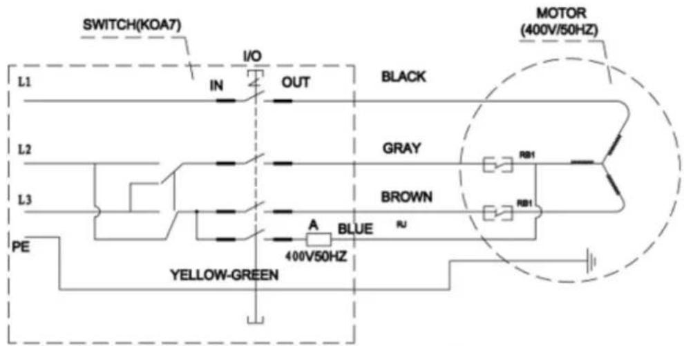SWITCH(KOA7) I/O IN OUT BLACK L1 L2 L3 PE YELLOW-GREEN A BLUE RJ 400V50HZ BROWN GRAY RB1 RB1 MOTOR (400V/50HZ)