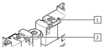 Technical diagram of a mechanical assembly with labeled parts 1 and 2