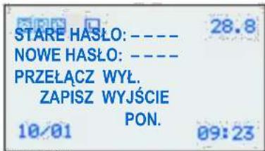 STARE HASŁO: ---- 28.8 NOWE HASŁO: ---- PRZEŁĄCZ WYL. ZAPISZ WYJŚCIE PON. 10/01 09:23