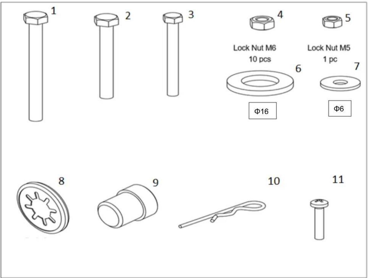 1 2 3 4 5 Lock Nut M6 10 pcs Lock Nut M5 1 pc Φ16 Φ6 7 8 9 10 11