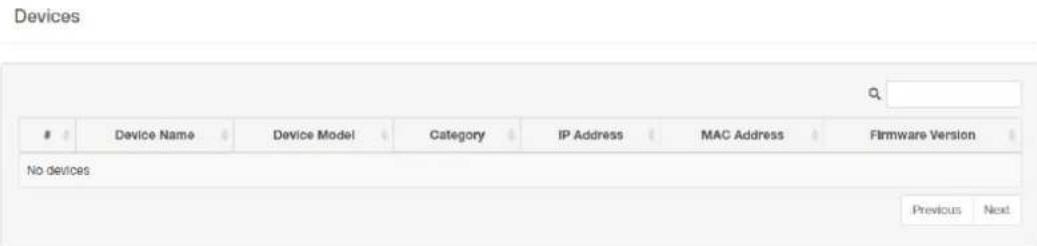 Devices # Device Name Device Model Category IP Address MAC Address Firmware Version No devices Previous Next