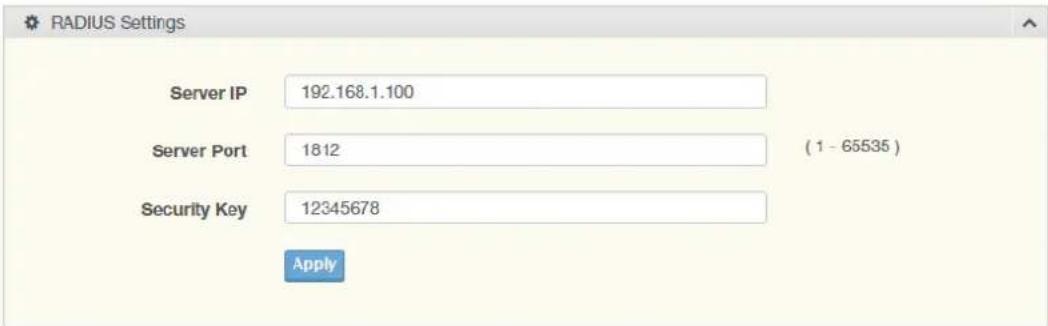 RADIUS Settings Server IP 192.168.1.100 Server Port 1812 (1 - 65535) Security Key 12345678 Apply