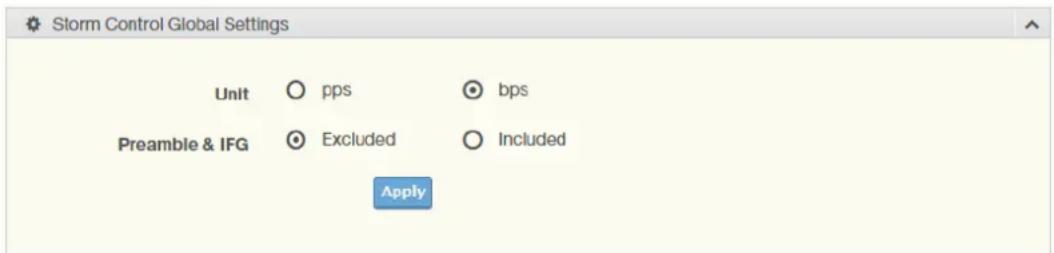 Storm Control Global Settings Unit ○ pps ○ bps Preamble & IFG ○ Excluded ○ Included Apply