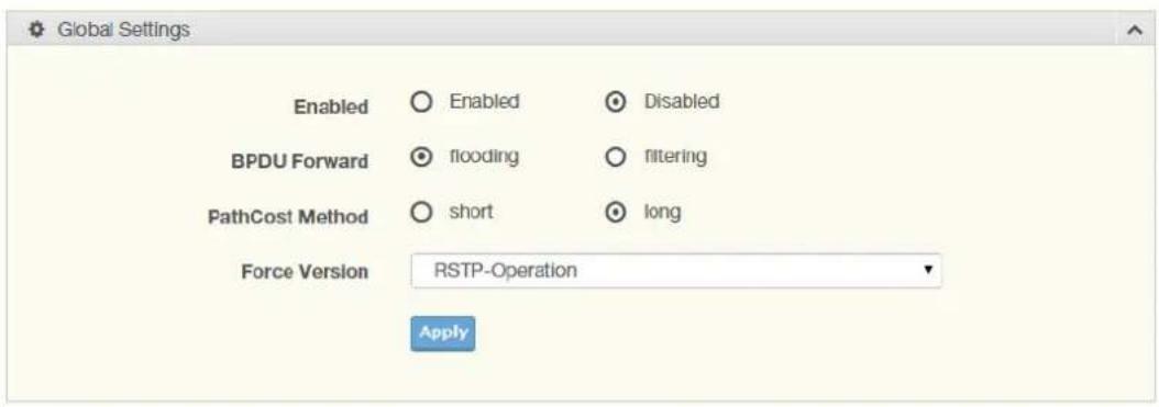 Global Settings Enabled Enabled Disabled BPDU Forward flooding filtering PathCost Method short long Force Version RSTP-Operation Apply