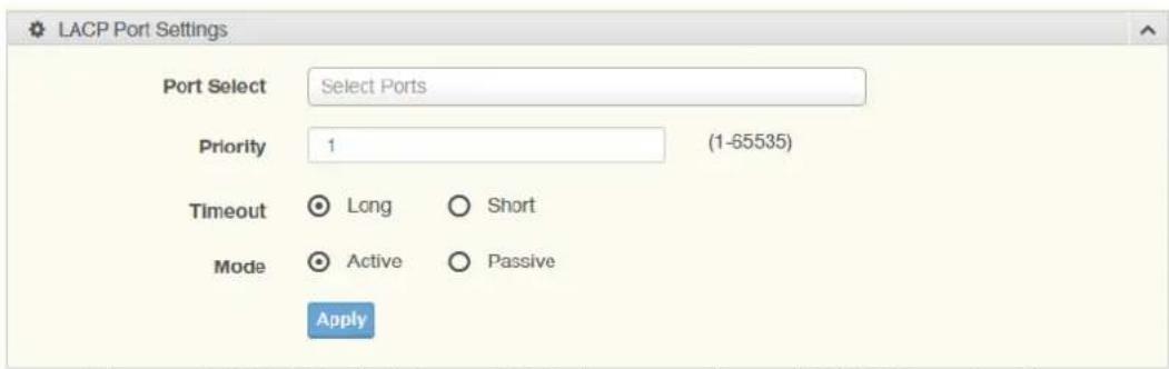 LACP Port Settings Port Select Select Ports Priority 1 (1-65535) Timeout Long Short Mode Active Passive Apply