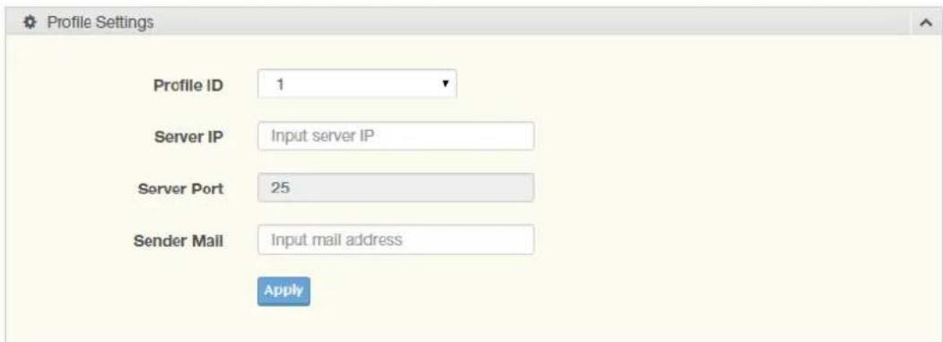 Profile Settings Profile ID 1 Server IP Input server IP Server Port 25 Sender Mail Input mail address Apply