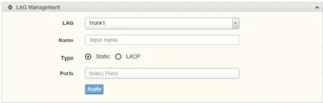 LAG Management LAG Trunk1 Name Input name Type Static LACP Ports Select Ports Apply