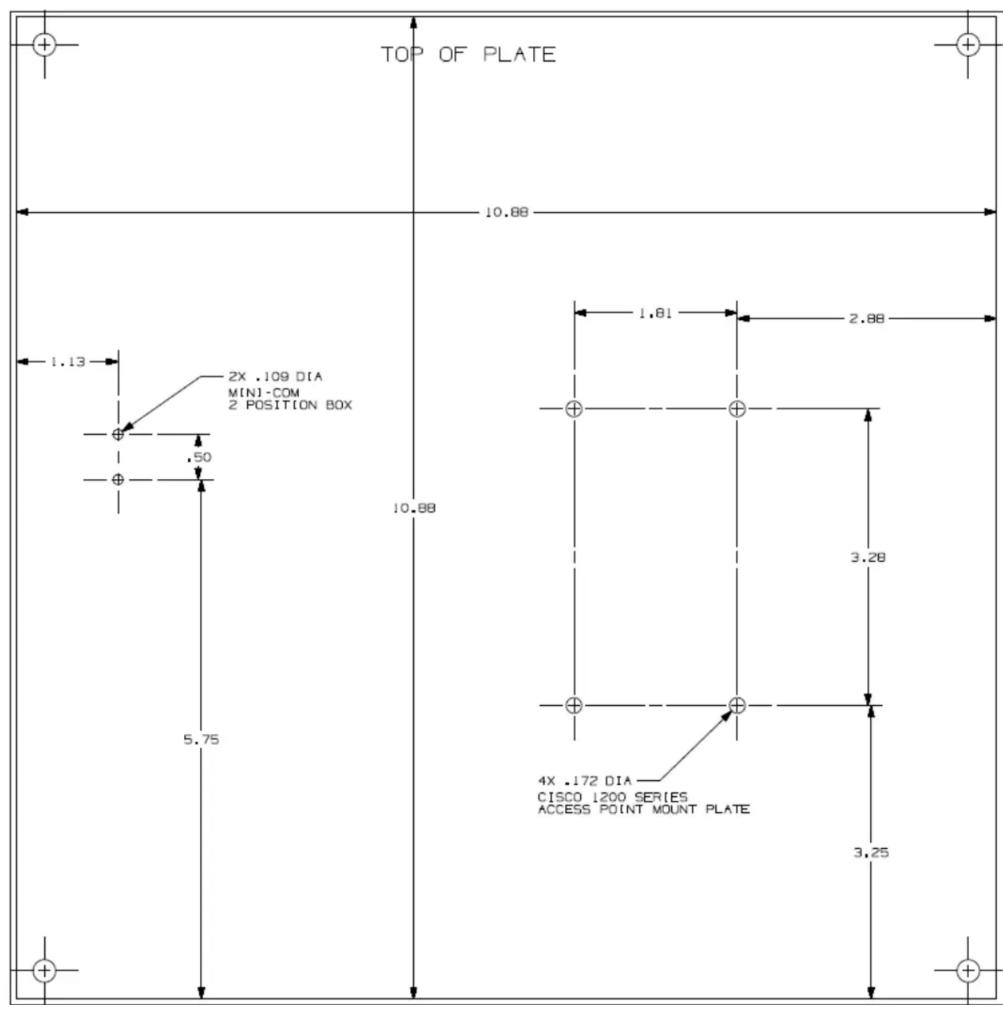 TOP OF PLATE 10.88 1.13 2X .109 DIA MINI-COM 2 POSITION BOX .50 5.75 10.88 1.81 2.88 3.28 4X .172 DIA CISCO 1200 SERIES ACCESS POINT MOUNT PLATE 3.25