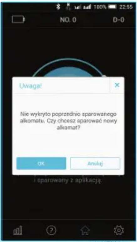 Uwaga! Nie wykryto poprzednio sparowanego alkomatu. Czy chcesz sparować nowy alkomat? OK Anuluj i sparowany z aplikacją.