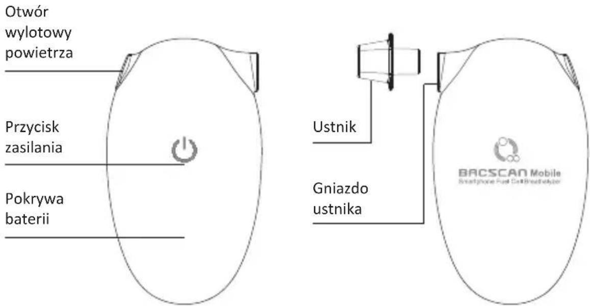 Otwór wylotowy powietrza Przycisk zasilania Pokrywa baterii Ustnik Gniazdo ustnika BRCSCAN Mobile Smartphone Fuel Cell/Reactivezer