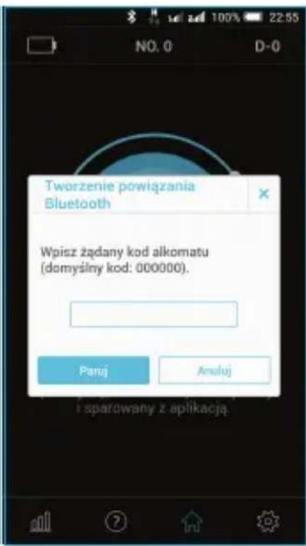 Tworzenie powiązania Bluetooth Wpisz żądany kod alkomatu (domyślny kod: 000000). Panj Anuluj i sparowany z aplikacją.