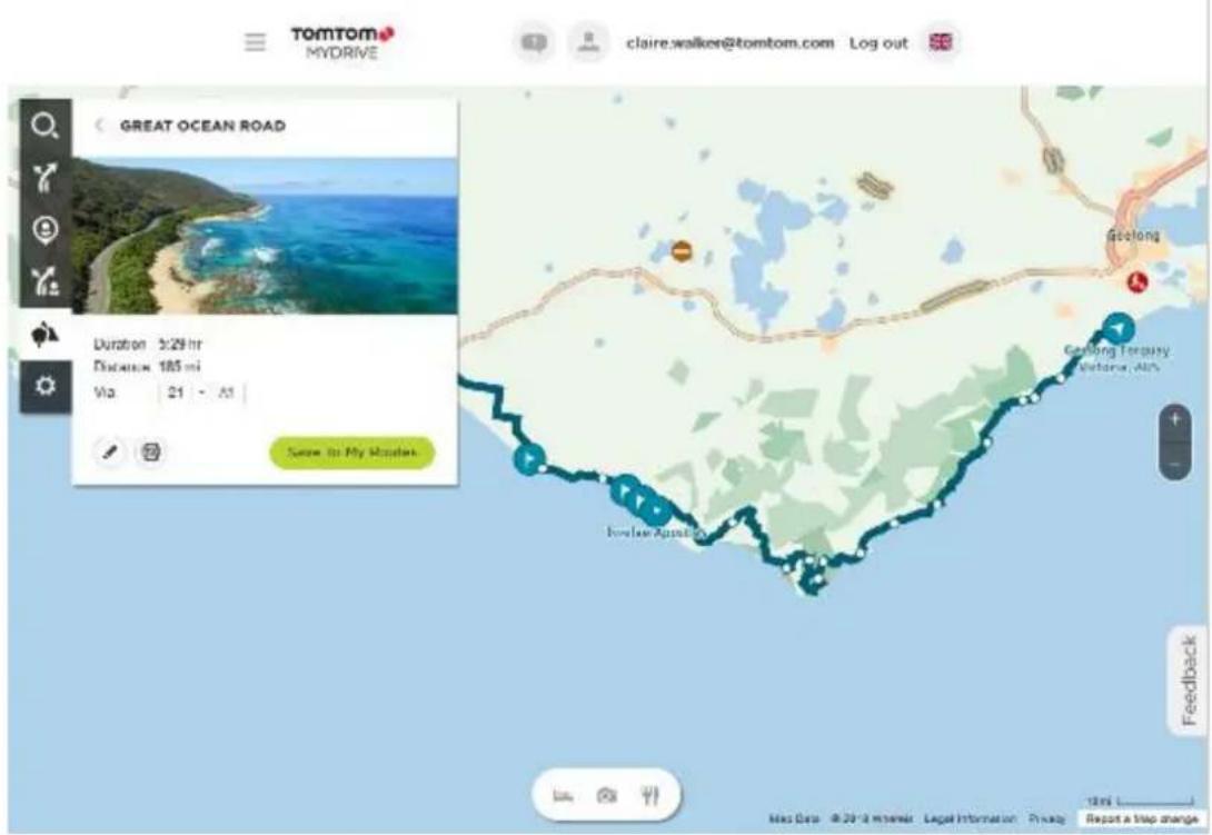 TomTom MYDRIVE claire.walker@tomtom.com Log out GREAT OCEAN ROAD Duration 3:29 hr Discussion 185 mi Via 21 - A1 Save to My Stones Geelong Cenlong Torquay, Victoria, Ali Ivoleaw Australia Feedback Miss Data @20-2 March Legal Information Privacy Report a trip change