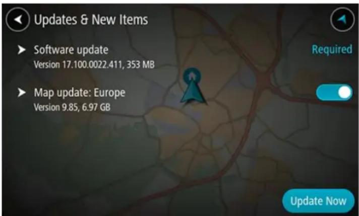 Updates & New Items ► Software update Version 17.100.0022.411, 353 MB ► Map update: Europe Version 9.85, 6.97 GB Required Update Now