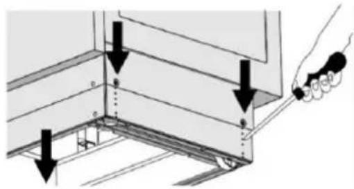 Technical diagram showing a hand holding a tool with arrows indicating downward force or movement on a structural component, labeled with letters d and e.