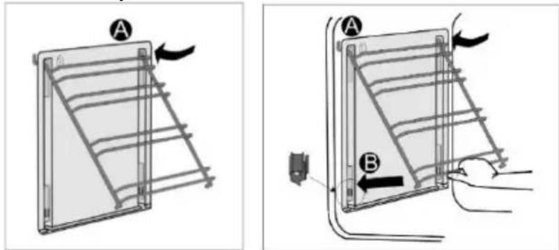 Diagram showing two steps of a device panel installation, labeled A and B with directional arrows indicating movement.