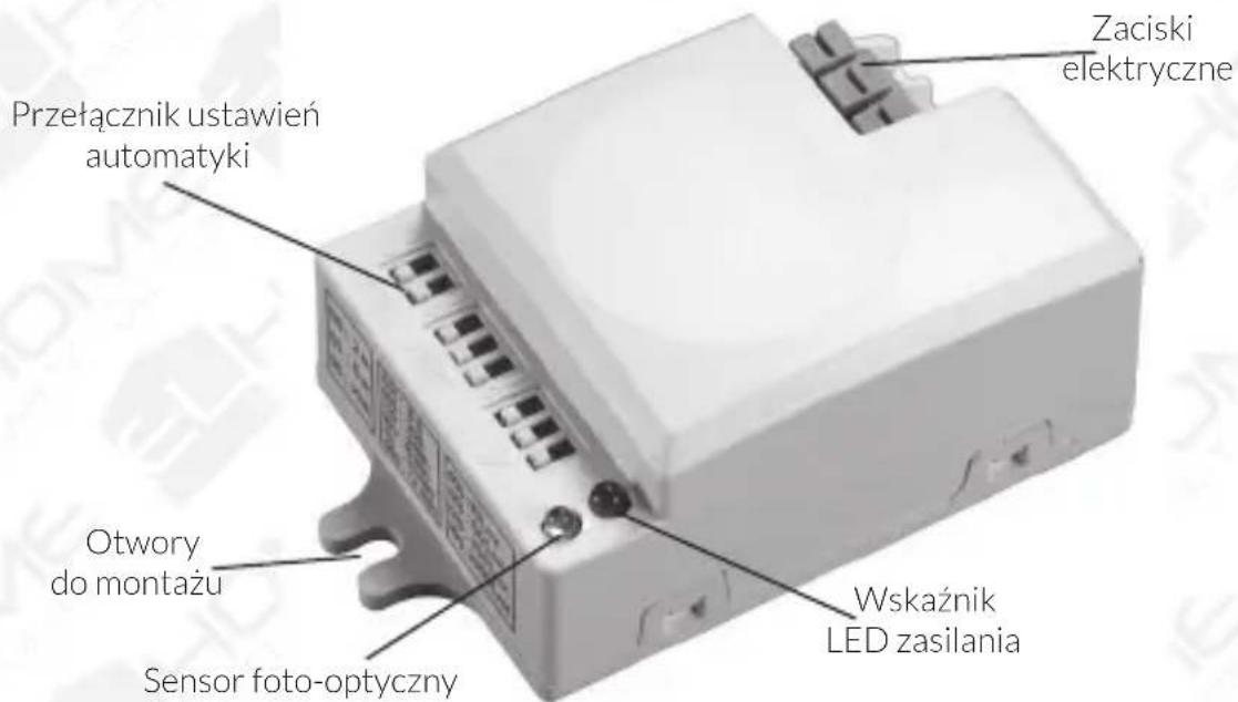 Zaciski elektryczne Przełącznik ustawień automatyki Otwory do montażu Sensor foto-optyczny Wskaźnik LED zasilania