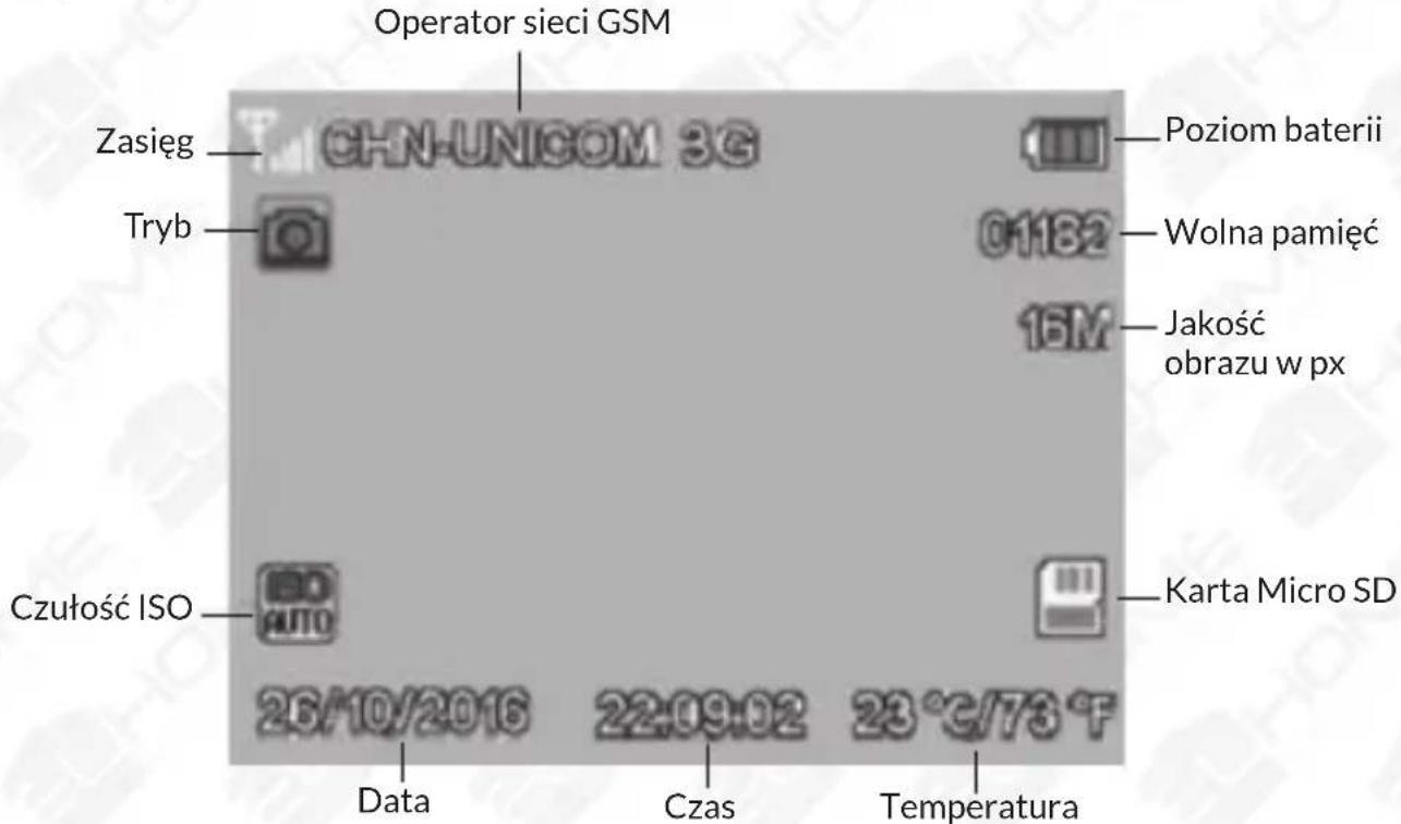 Operator sieci GSM Zasięg CHN-UNICOM 3G Tryb Czułość ISO 26/10/2016 22:09:02 23 °C/73 °F Data Czas Temperatura Poziom baterii Wolna pamięć 15M Jakość obrazu w px Karta Micro SD