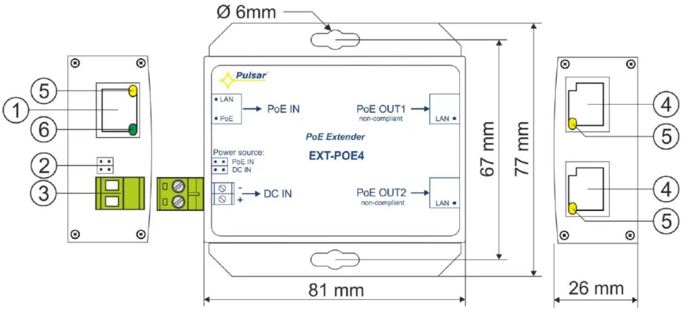 Ø 6mm Pulsar® • LAN • PoE IN PoE OUT1 non-compliant LAN PoE Extender EXT-POE4 Power source: • PoE IN • DC IN • - → DC IN PoE OUT2 non-compliant LAN 81 mm 77 mm 26 mm ① ⑤ ⑥ ② ③