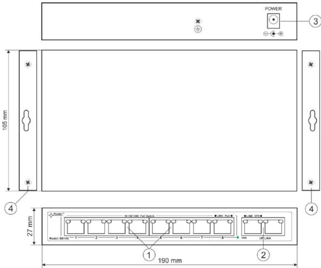 ZASILANIE 105 mm 27 mm 190 mm 1 2 3 4 190 mm 2 3 4 A. Pulsar* 16/106/1080 PoC Switch LINK PoE LINK 3PD Model: SG-10a 1 2 3 4 5 6 7 8 PWR UP LINK