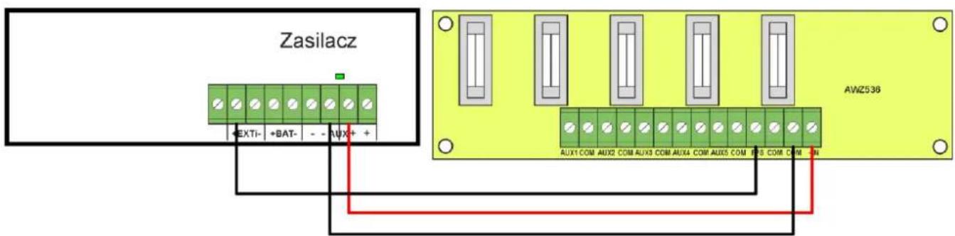 Zasilacz +EXTi- +BAT- - - AUX+ + AWZ536 AUX1 COM AUX2 COM AUX3 COM AUX4 COM AUX5 COM EPS COM CM EN
