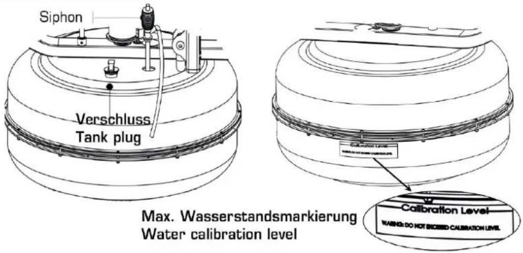 Siphon Verschluss Tank plug Max. Wasserstandsmarkierung Water calibration level Calibration Level WARNING: DO NOT BICED CALIBRATION LEVEL