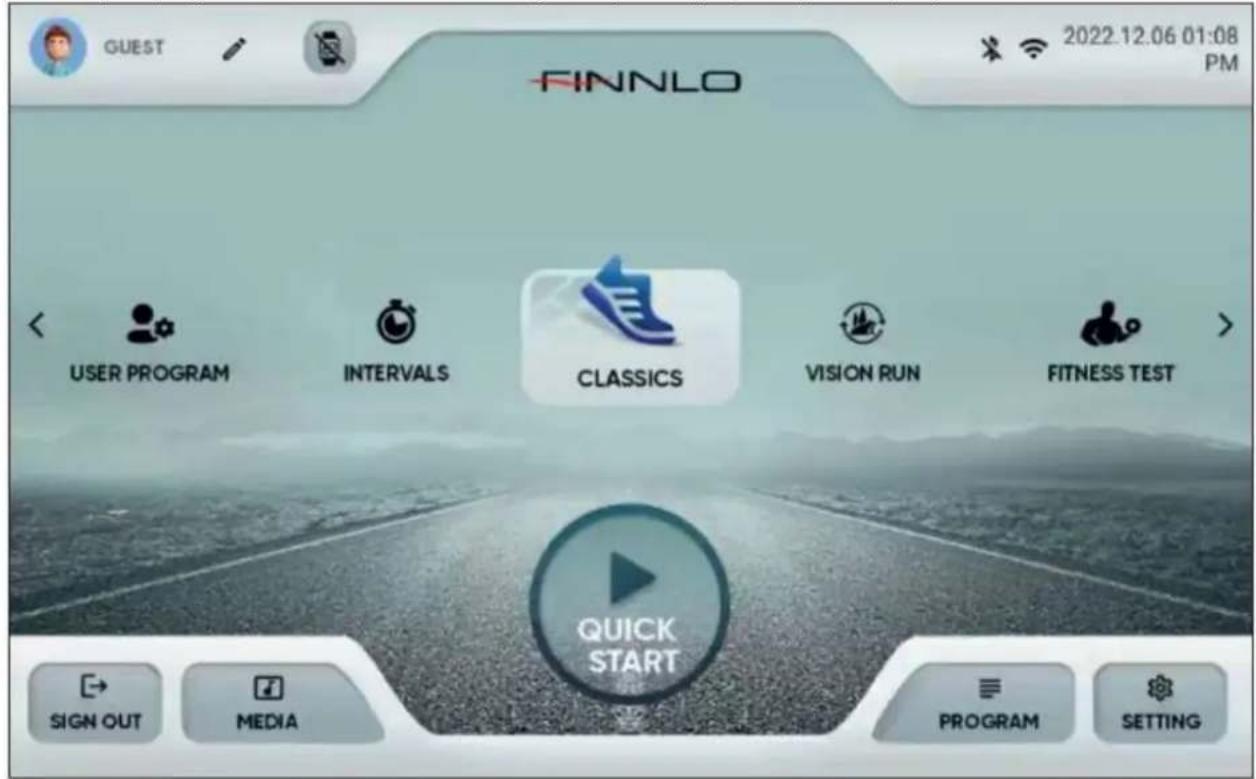 GUEST 2022.12.06 01:08 PM FINNLO USER PROGRAM INTERVALS CLASSICS VISION RUN FITNESS TEST QUICK START SIGN OUT MEDIA PROGRAM SETTING