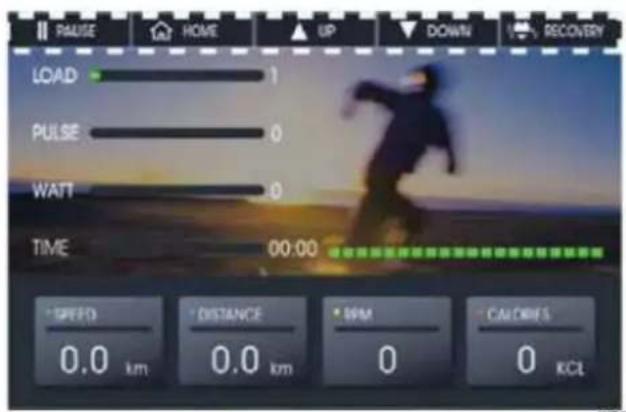 PAUSE HOME UP DOWN RECOVERY LOAD 1 PULSE 0 WAIT 0 TIME 00:00 SPEED DISTANCE WM CALDRS 0.0 km 0.0 km 0 KCL