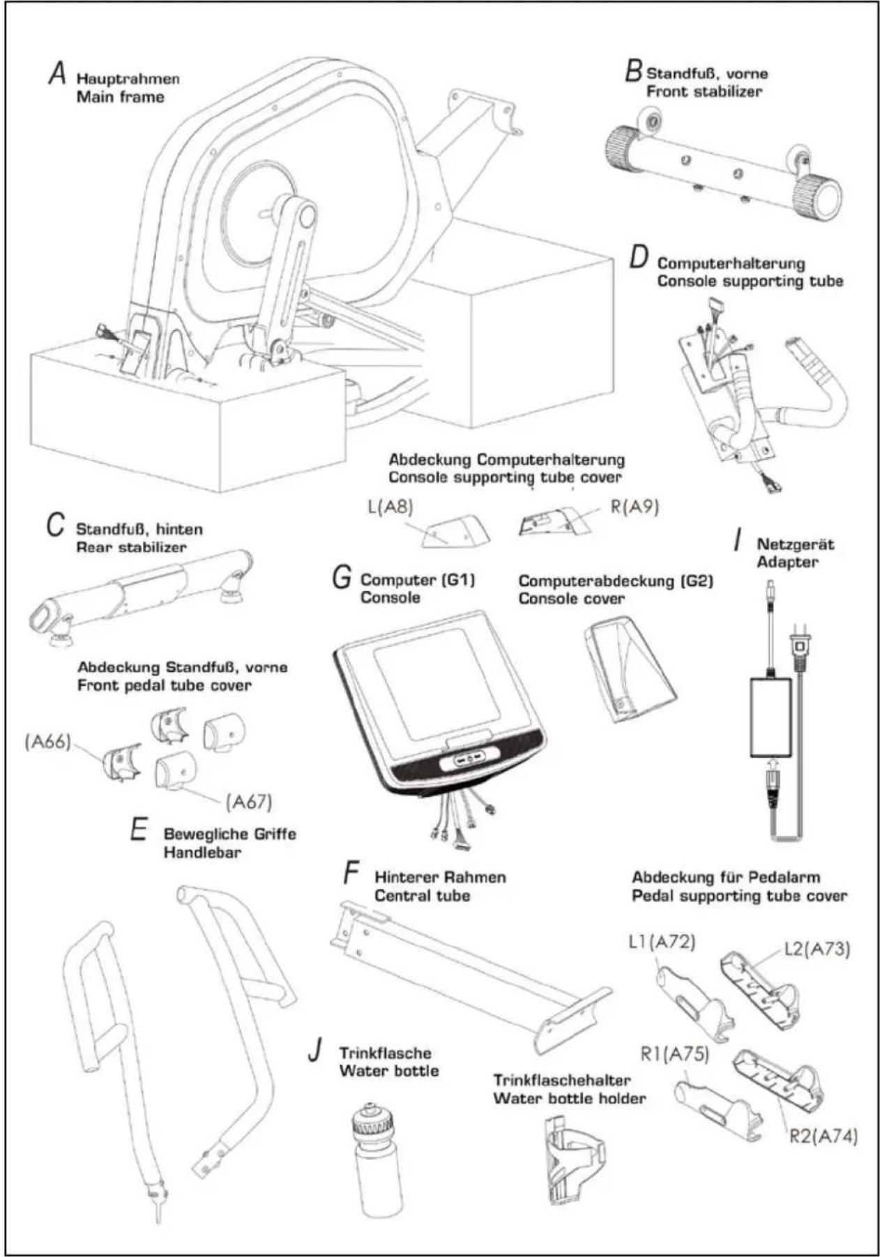 A Hauptrahmen Main frame B Standfuß, vorne Front stabilizer D Computerhalterung Console supporting tube C Standfuß, hinten Rear stabilizer Abdeckung Standfuß, vorne Front pedal tube cover (A66) (A67) E Bewegliche Griffe Handlebar F Hinterer Rahmen Central tube J Trinkflasche Water bottle Trinkflaschehalter Water bottle holder L(A8) R(A9) G Computer (G1) Console Computerabdeckung (G2) Console cover I Netzgerät Adapter L1(A72) L2(A73) R1(A75) R2(A74)