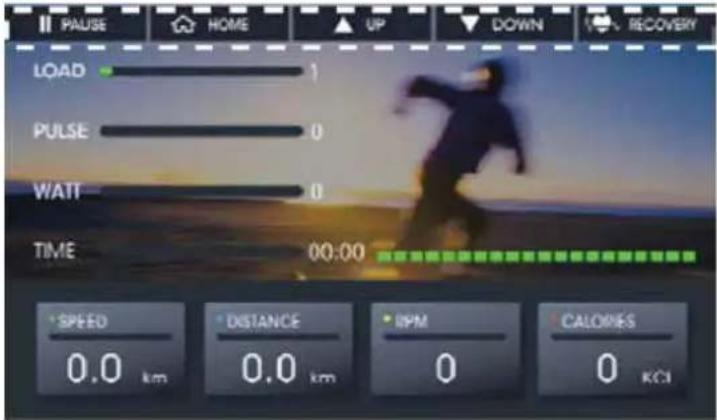 PAUSE HOME UP DOWN RECOVERY LOAD 1 PULSE 0 WATT 0 TIME 00:00 * SPEED 0.0 km * DISTANCE 0.0 km * RPM 0 * CALORIES 0 KCI