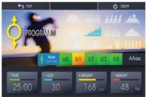 EXIT START PROGRAM Male U0 U1 U2 U3 U4 AAaa • TIME 25:00 • AGE 30 • HEIGHT 168 • WEIGHT 48 kg