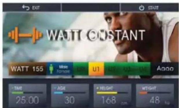 EXIT START WATT CONSTANT WATT 155 Mise Force U1 U2 A###-U6 A###o TIME 25:00 AGE 30 HEIGHT 168 WEIGHT 48