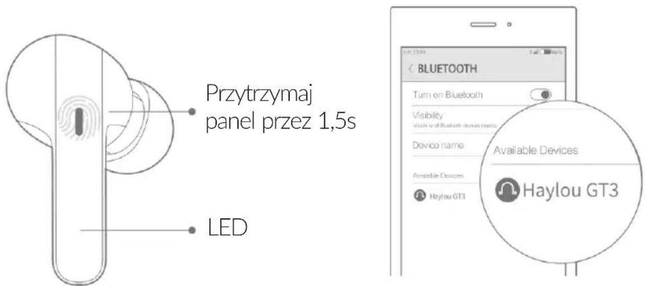 Przytrzymaj panel przez 1,5s LED BLUETOOTH Turn on Bluetooth Visibility Visible set of Bluetooth devices rights Device name: Available Devices Haylou GT3 Haylou GT3