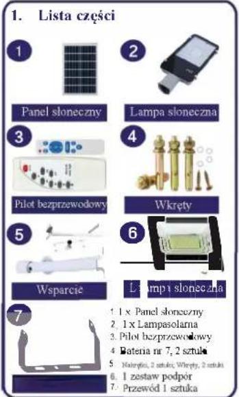 1. Lista części 1 Panel słoneczny Lampa słoneczna 3 Pilot bezprzewodowy Wkręty 5 Wsparcie 6 Llamp i słoneczna 7 1 x Panel słoneczny 2 1 x Lampasolarna 3. Pilot bezprzewodowy 4 Bateria nr 7, 2 sztuka 5. Nalorytis, 2 sztuka; Wkręty, 2 sztuka 6. 1 zestaw podpór 7. Przewód 1 sztuka