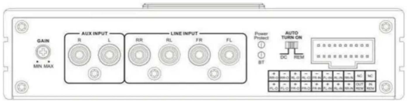 GAIN MIN MAX AUX INPUT R L LINE INPUT RR RL FR FL Power Protect BT AUTO TURN ON DC REM + - - PR-CL - - - - RL-CL - - - - PR-PL-CL - - - - FL-CL - - - - RL-CL - - - - FR-PL-CL - - - - OUT REM IN + - - FL-CL - - - - PR-CL - - - - PR-PL-CL - - - - FL-CL - - - - RL-CL - - - - FR-PL-CL - - - - OUT REM IN