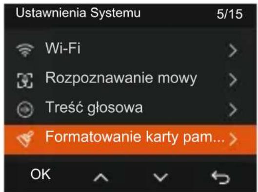 Ustawienia Systemu 5/15 Wi-Fi > Rozpoznawanie mowy > Treść głosowa > Formatowanie karty pam... > OK
