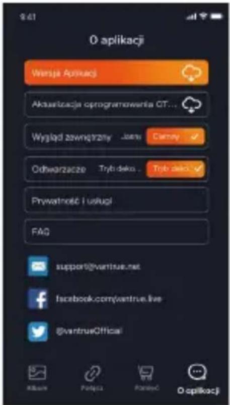 0 aplikacji Wiesja Aplicacji Aktualizacja oprogramowania OT... Wygląd zewnętrzny - Jamsi Carney ✓ Odbwarzacze Tryb deko . Tryb deko ✓ Prywatność i usług FAQ support@vantrue.net facebook.com/vantrue.live @vantrueOfficial @bank Porto PortoC O aplikacji