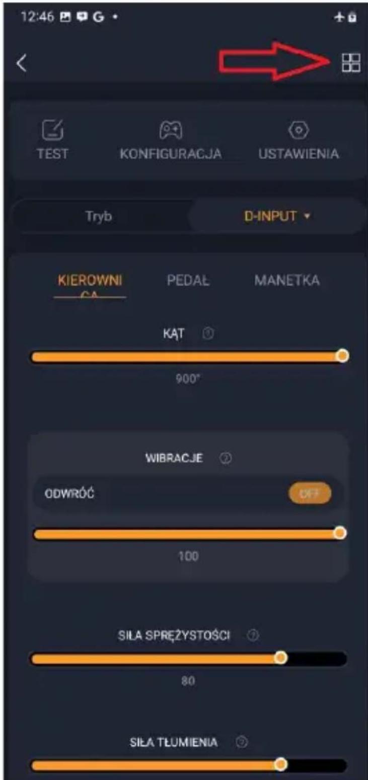 12:46 G TEST KONFIGURACJA USTAWIENIA Tryb D-INPUT KIEROWNI PEDAL MANETKA 900° WIBRACJE ODWRÓĆ 100 SILA SPREŻYSTOŚCI 80 SILA TLUMIENIA