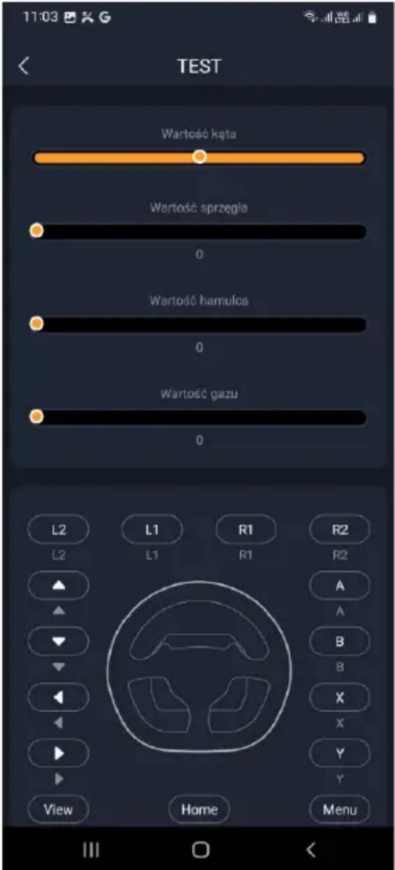 TEST Wartość kąta Wartość sprzęgła 0 Wartość hamulca 0 Wartość gazu 0 L2 L1 R1 R2 L2 L1 R1 R2 A A B B X X Y Y View Home Menu