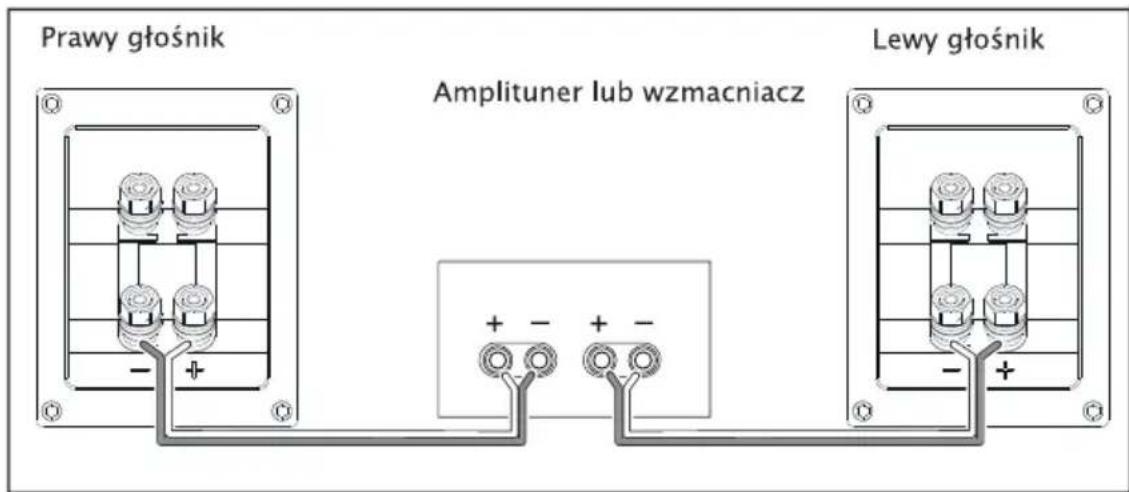 Prawy głośnik Amplituner lub wzmacniacz Lewy głośnik