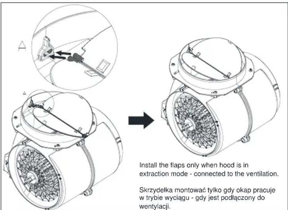 Install the flaps only when hood is in extraction mode - connected to the ventilation. Skrzydełka montować tylko gdy okap pracuje w trybie wyciągu - gdy jest podłączony do wentylacji.
