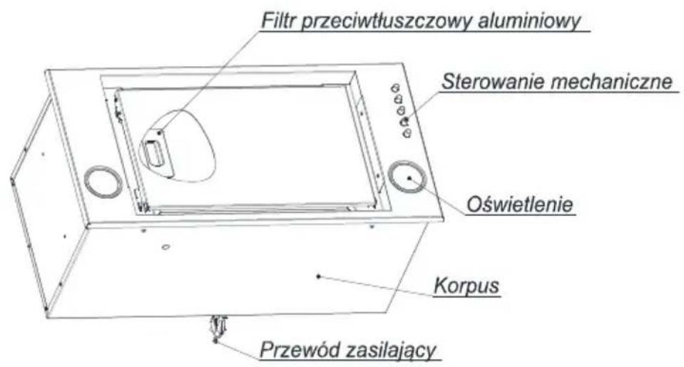 Filtr przeciwtłuszczowy aluminiowy Sterowanie mechaniczne Oświetlenie Korpus Przewód zasilający