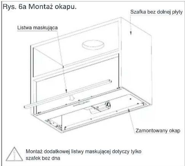 Rys. 6a Montaż okapu. Listwa maskująca Szafka bez dolnej płyty Zamontowany okap Montaż dodatkowej listwy maskującej dotyczy tylko szafek bez dna