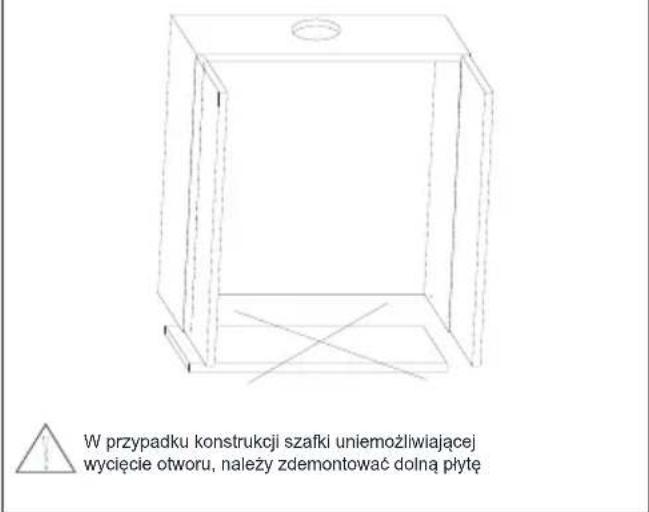W przypadku konstrukcji szafki uniemożliwiającej wycięcie otworu, należy zdemontować dolną płytę