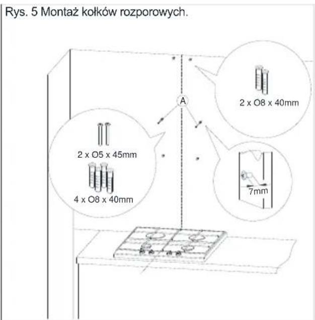 Rys. 5 Montaż kołków rozporowych. 2 x O8 x 40mm 2 x O5 x 45mm 4 x O8 x 40mm 7mm