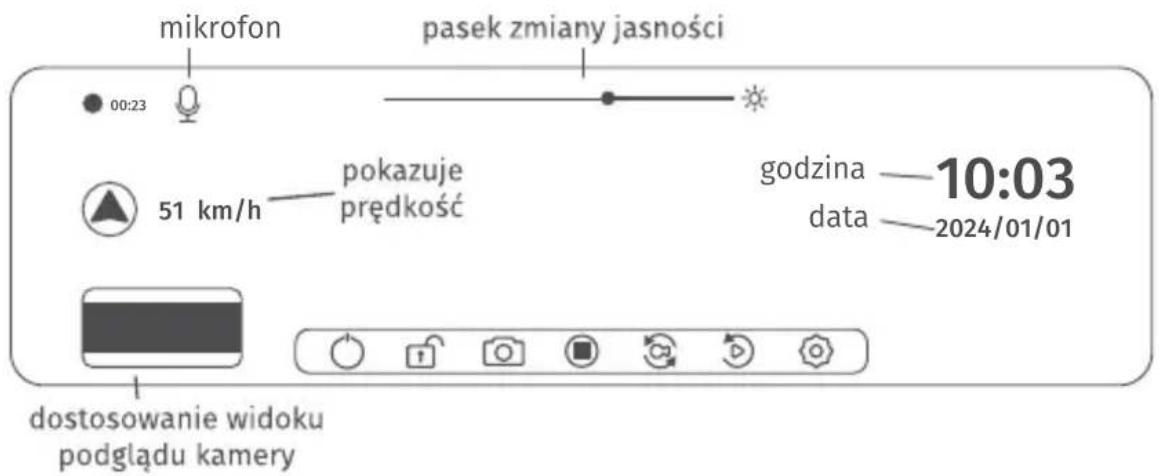 mikrofon pasek zmiany jasności 00:23 51 km/h — pokazuje prędkość godzina — 10:03 data — 2024/01/01 dostosowanie widoku podglądu kamery