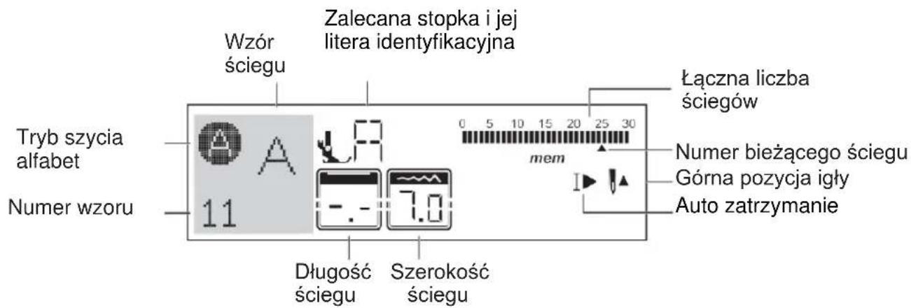Wzór ściegu Zalecana stopka i jej litera identyfikacyjna Tryb szycia alfabet Numer wzoru 11 Długość ściegu Szerokość ściegu Lączna liczba ściegów Numer bieżącego ściegu Górna pozycja igły Auto zatrzymanie