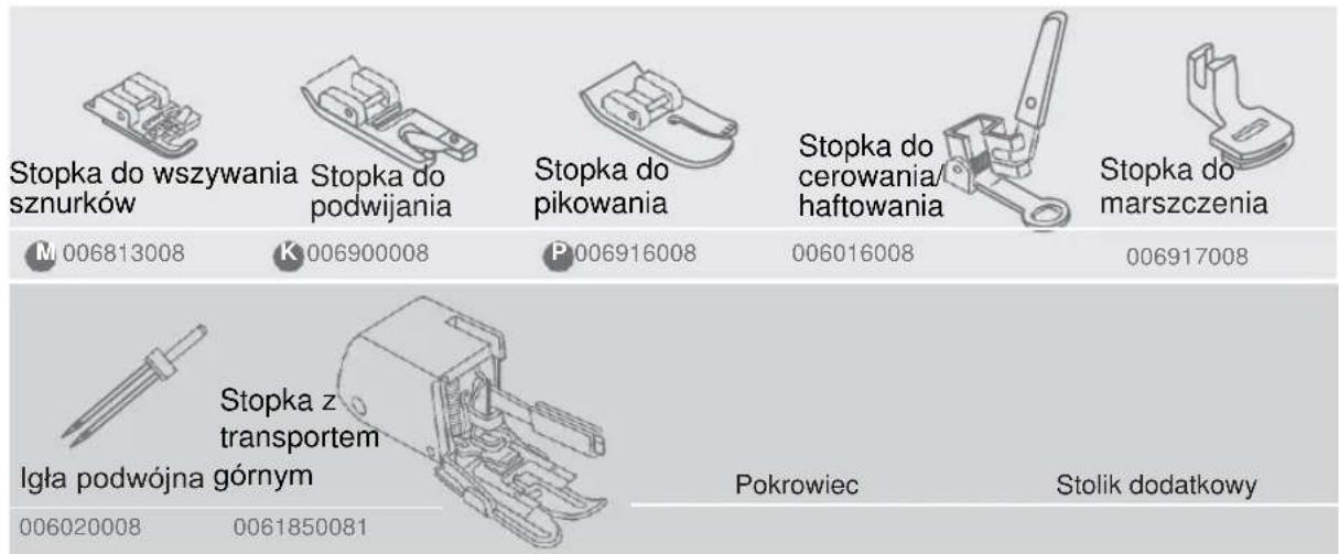 Stopka do wszywania sznurków M 006813008 K 006900008 Stopka do podwijania P 006916008 Stopka do pikowania Stopka do cerowania/ haftowania Stopka do marszczenia Stopka z transportem Igła podwójna górnym Pokrowiec Stolik dodatkowy 006020008 0061850081