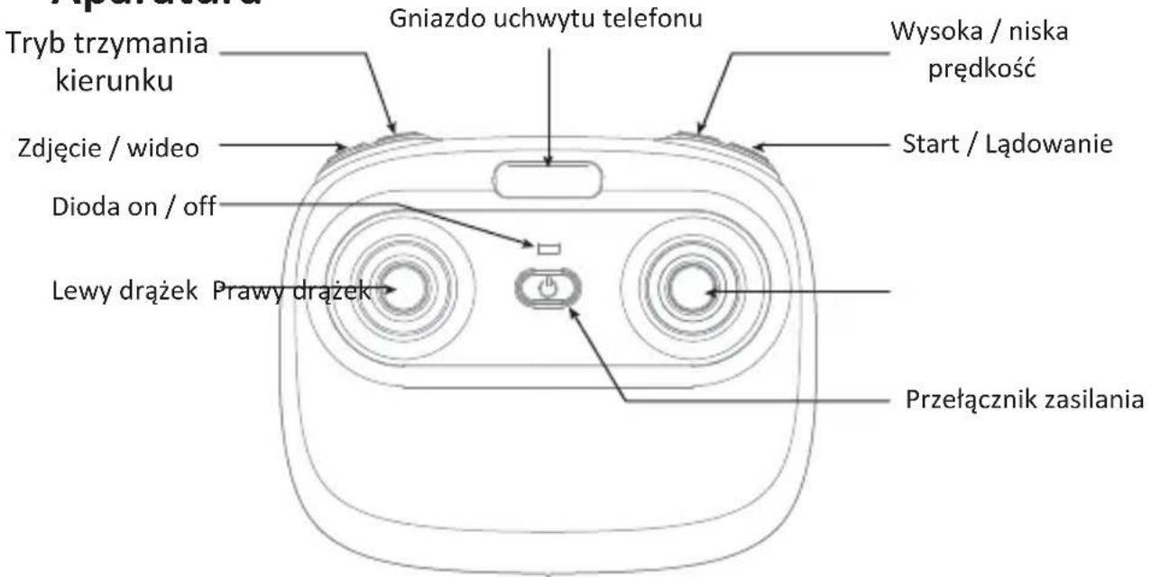 Tryb trzymania kierunku Zdjęcie / wideo Dioda on / off Lewy drążek Prawy drążek Gniazdo uchwytu telefonu Wysoka / niska prędkość Start / Lądowanie Przełącznik zasilania
