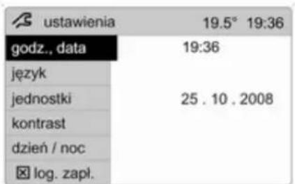 ustawienia 19.5° 19:36 godz., data 19:36 język jednostki 25.10.2008 kontrast dzień / noc log. zapl.
