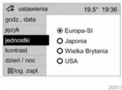 ustawienia 19.5° 19:36 godz., data język jednostki kontrast dzień / noc log. zapł. Europa-SI Japonia Wielka Brytania USA